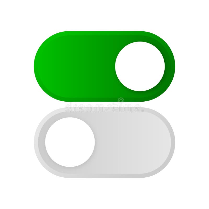 On and Off Toggle Switch Buttons. Modern user interface mockup. Template button in green and grey colors on white stock illustration