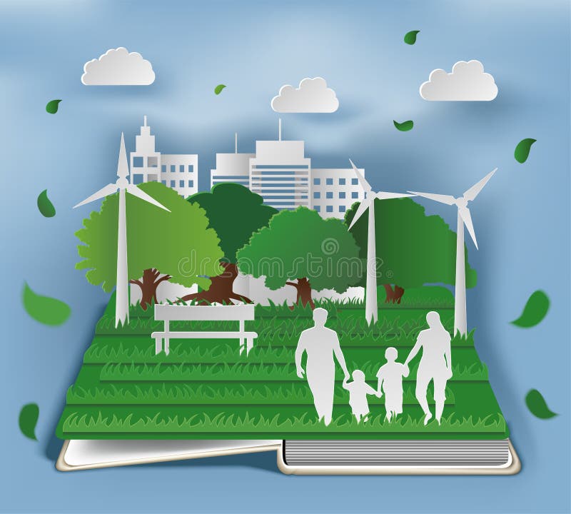 Offenes Buch mit eco Zusammensetzung in der Papierkunstart der Familie im Park auf grüner Stadtform lizenzfreie abbildung Offenes Buch mit eco Zusammensetzung in der Papierkunstart der Familie im Park auf grüner Stadtform lizenzfreie abbildung