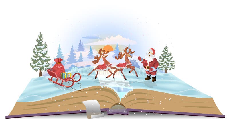 Offenes Buch Santa Claus mit Schlitten und Rotwild lizenzfreie abbildung Offenes Buch Santa Claus mit Schlitten und Rotwild lizenzfreie abbildung