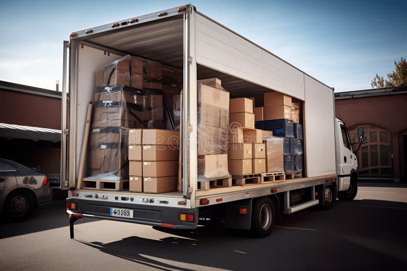 Offenes Fahrzeug. Kartonboxen mit Haushaltsartikeln, die zum Transport in LKW verladen werden. Faltschachteln auf der Palette stock abbildung
