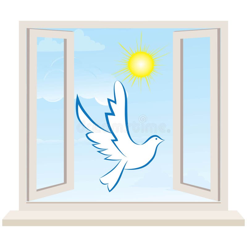 Offenes Fenster gegen eine weiße Wand und den bewölkten Himmel. Vektor vektor abbildung Offenes Fenster gegen eine weiße Wand und den bewölkten Himmel. Vektor vektor abbildung