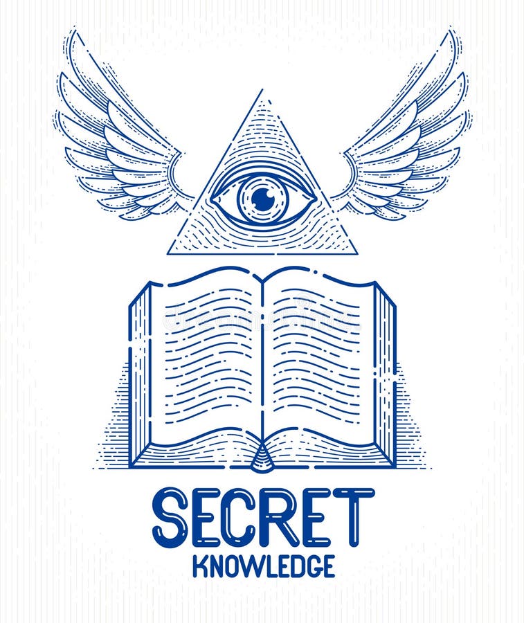 Offenes geflügeltes Buch der geheimen Wissensweinlese mit allem sehenden Auge des Gottes im heiligem Geometriedreieck, in der Mau stock abbildung Offenes geflügeltes Buch der geheimen Wissensweinlese mit allem sehenden Auge des Gottes im heiligem Geometriedreieck, in der Mau stock abbildung