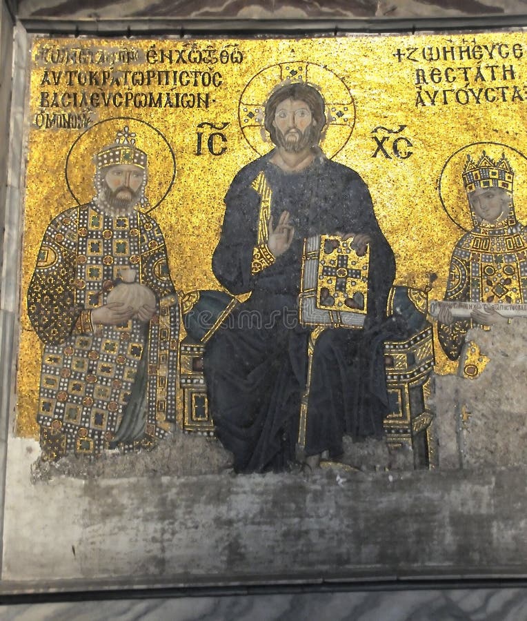 Ancient byzantine golden mosaics showing the empress Zoe and the emperor constantine monomachus flanking Jesus Christ and offering gifts to his church in the Aghia Sophia. Ancient byzantine golden mosaics showing the empress Zoe and the emperor constantine monomachus flanking Jesus Christ and offering gifts to his church in the Aghia Sophia
