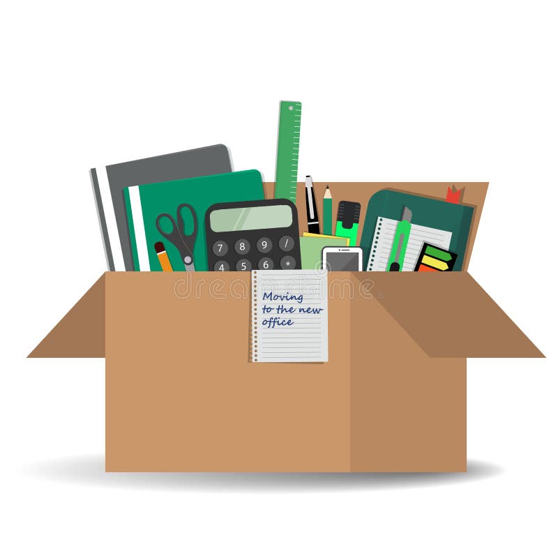Office accessories in a cardboard box. `Moving to the new office` concept