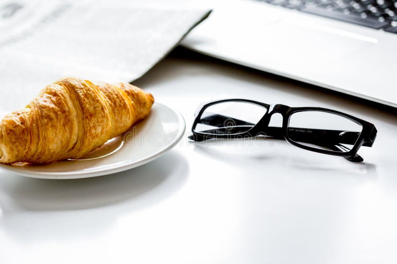 Office Breakfast with Laptop on White Desk Stock Image Image of lunch