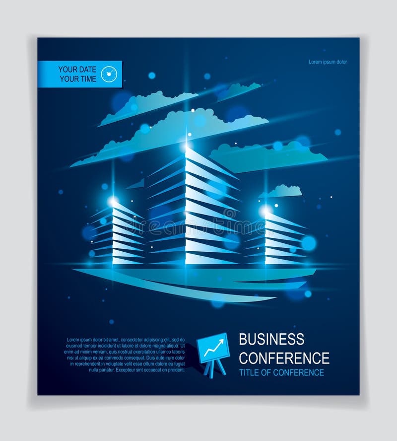 Office building brochure, modern architecture vector flyer with blurred lights and glares effect. Real estate business center blue