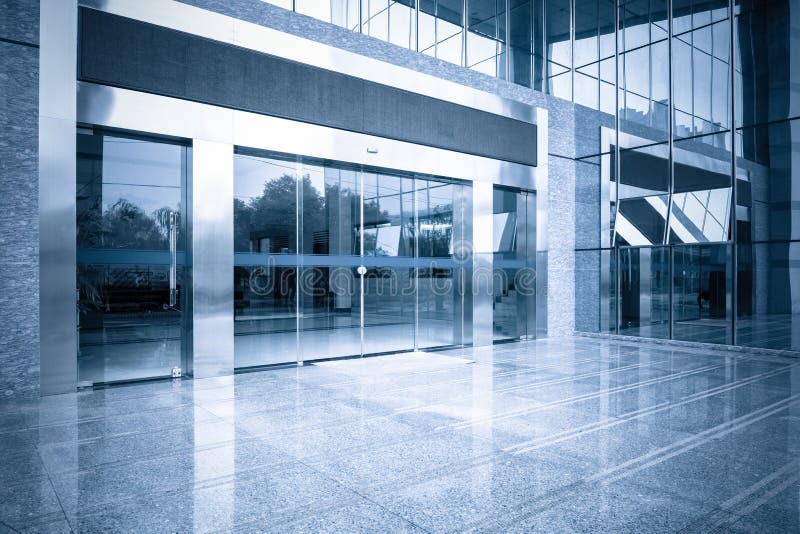 Office building entrance and automatic glass door