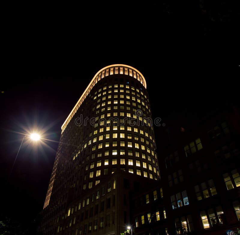 Office building at night in Boston stock image