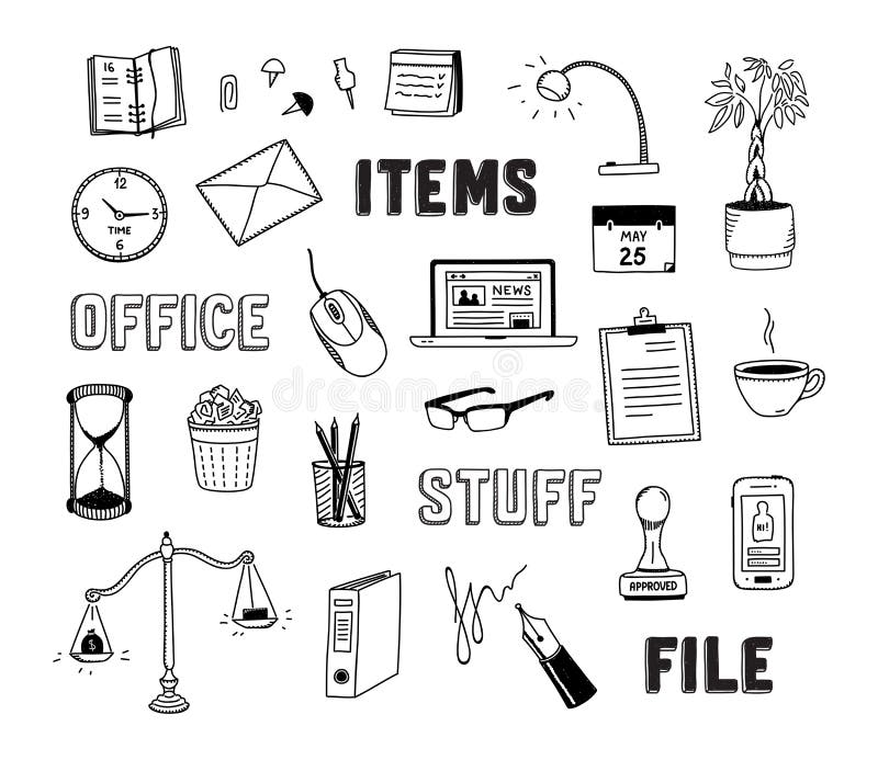 Vector collection of hand drawn doodles of business objects and office items. Isolated on white background. Vector collection of hand drawn doodles of business objects and office items. Isolated on white background