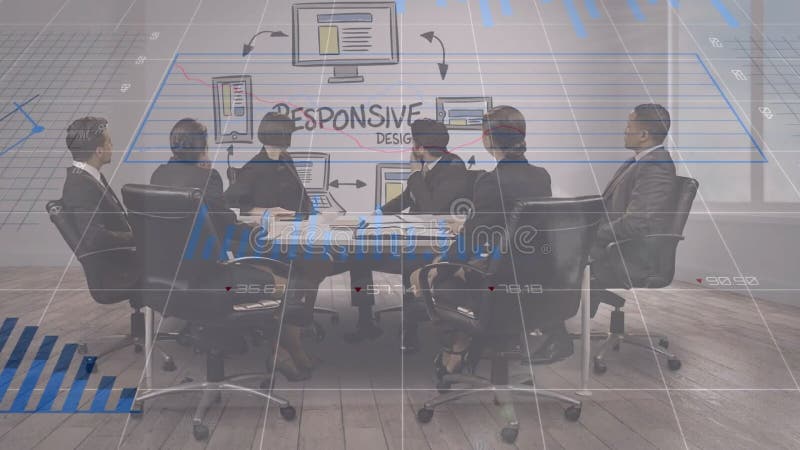 In office, business team discussing responsive design with animation data analytics stock illustration
