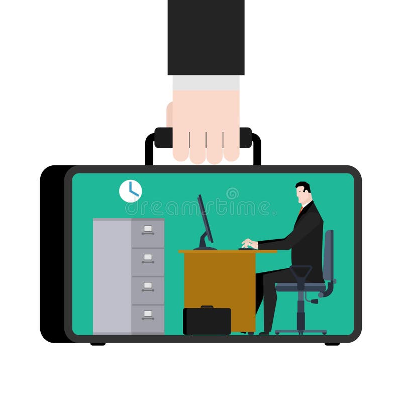 Office in case. mobile Workplace in suitcase. Manager at work. B stock illustration