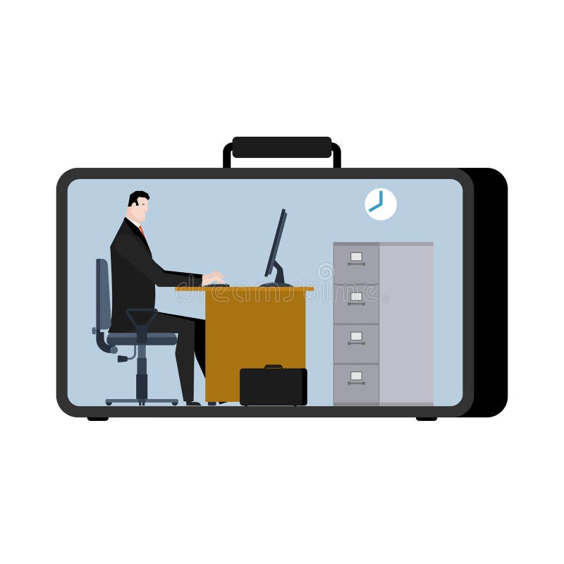 Office in case. mobile Workplace in suitcase. Manager at work. B stock illustration
