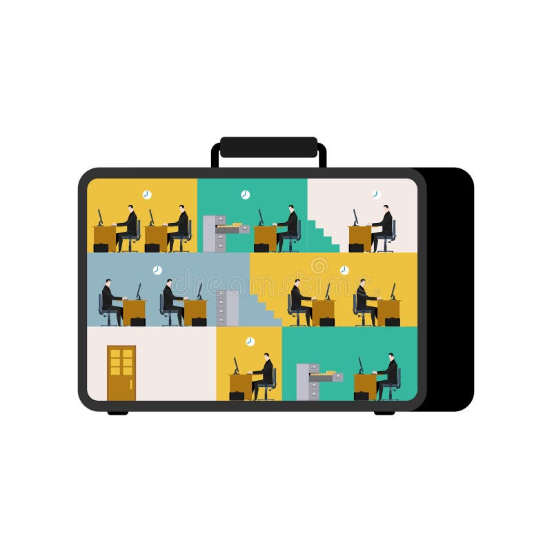Office in case. mobile Workplace in suitcase. Managers working stock illustration