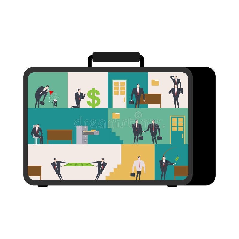 Office in case. mobile Workplace in suitcase. Managers working o stock illustration