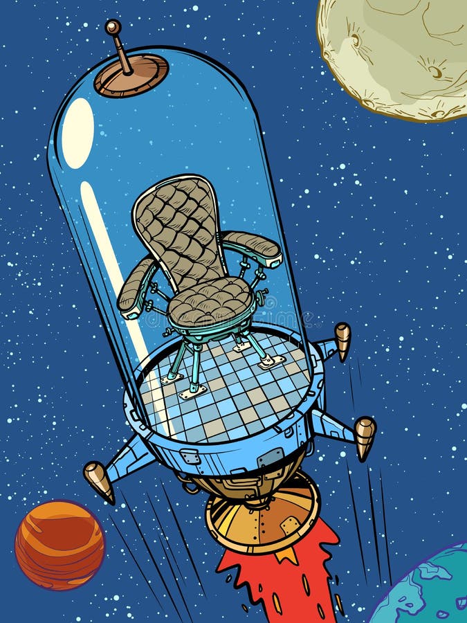 Rocket Starts from the Planet into Space with the Stars. Cartoon