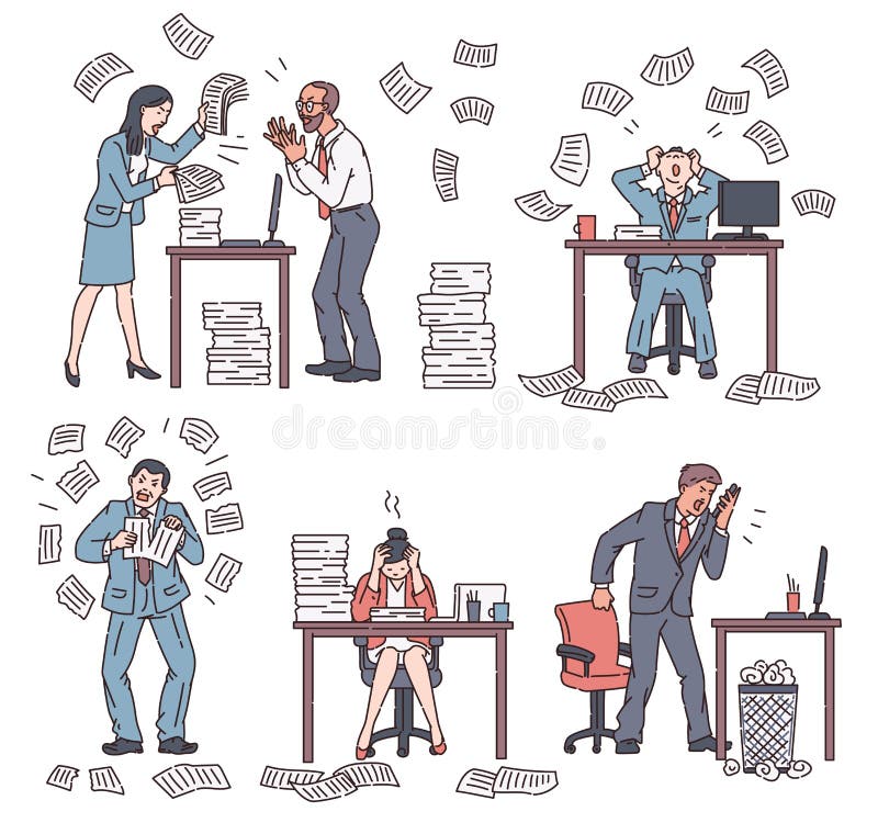 Office Chaos And Stress Set Of People Sketch Vector Illustration