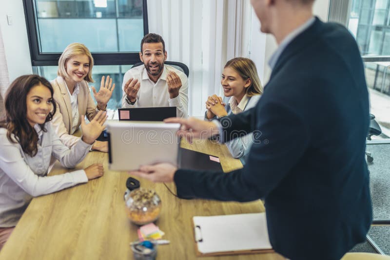 Office Colleagues during Meeting in Conference Room Make Video Call