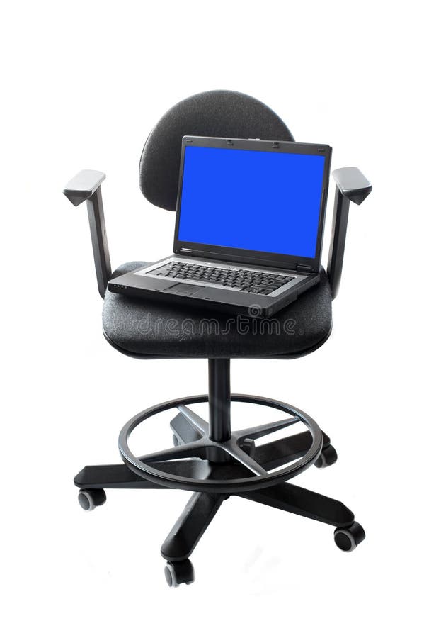 Laptop computer with blue screen to place you're own image on swivel office chair. Laptop computer with blue screen to place you're own image on swivel office chair