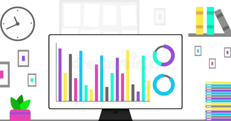 Office computer with modern Infographics on screen. Modern Office interior and data or statistic animation. 4K vector illustration