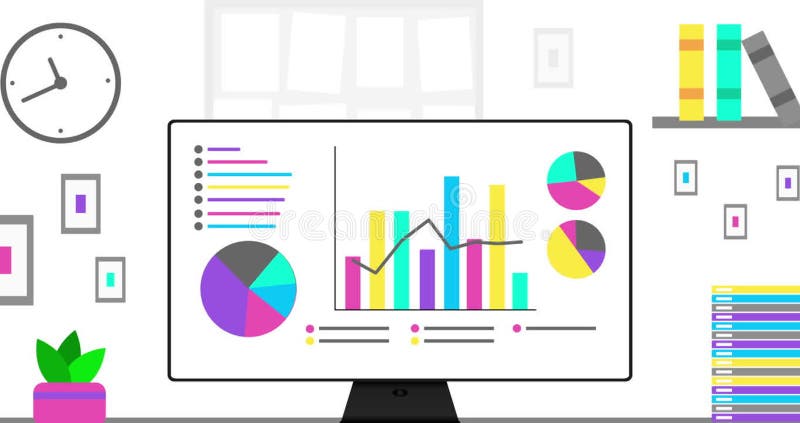 Office computer with modern Infographics on screen. Modern Office interior and data or statistic animation. 4K stock illustration