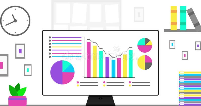Office computer with modern Infographics on screen. Modern Office interior and data or statistic animation. 4K stock illustration