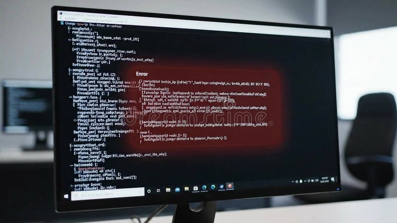 Office Computer Screen Displaying Coding and Text with a Red Glow Framed Message on a Table with a Chair and Window Background in royalty free illustration