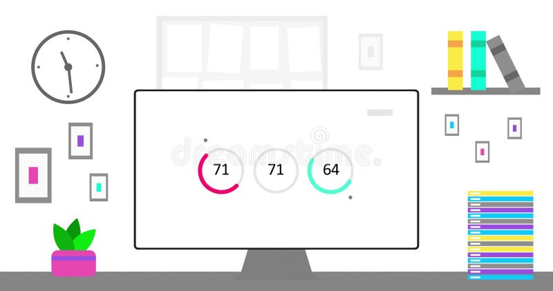 Office computer with simple modern round Infographics on screen. Modern Office interior and data or statistic animation stock illustration