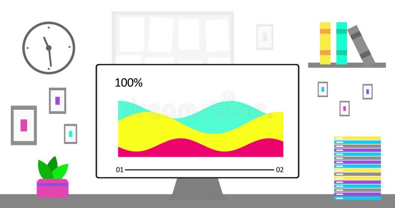 Office computer with simple modern round Infographics on screen. Modern Office interior and data or statistic animation stock illustration