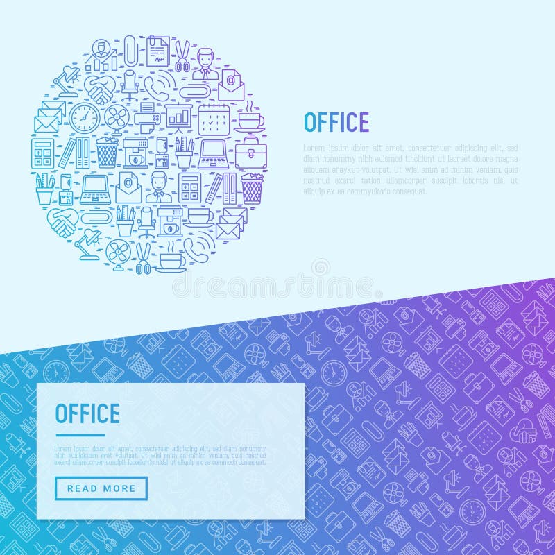 Concept de birou în cerc cu pictograme de linie subțire ale dispozitivului de comandă a cafelei pentru fotolii rulante pentru copii de carieră și de e-mail foldere de lampă de răcire a apei. ilustrație vectorială pentru media de imprimare a paginii Web banner.