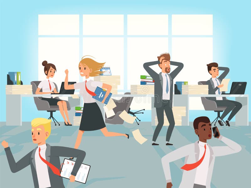 Office deadline. Business workers managers stress running on workplaces at work vector characters. Illustration of office stress, business workplace vector illustration Office deadline. Business workers managers stress running on workplaces at work vector characters. Illustration of office stress, business workplace vector illustration