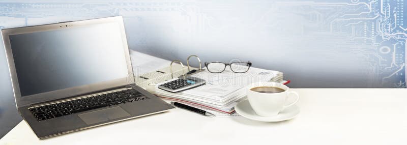 Office desk with alaptop computer, a big folder and a cup of coffee, digital business concept, panoramic banner format. Desk business concept stock images, royalty-free photos and pictures