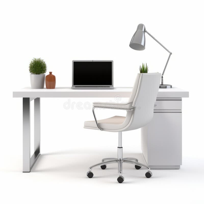 Highly Detailed White Computer Desk and Chair for Office Stock