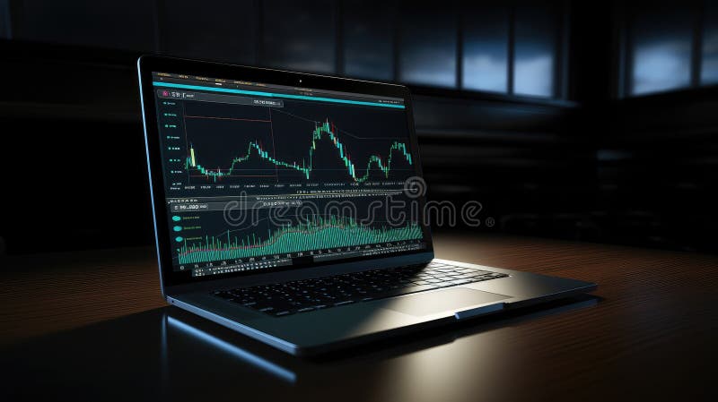 Office desk with a laptop displaying analytics and blockchain graphs. Investments and modern technologies concept. Global shadow business. Blockchain network analysis stock images, royalty-free photos and pictures