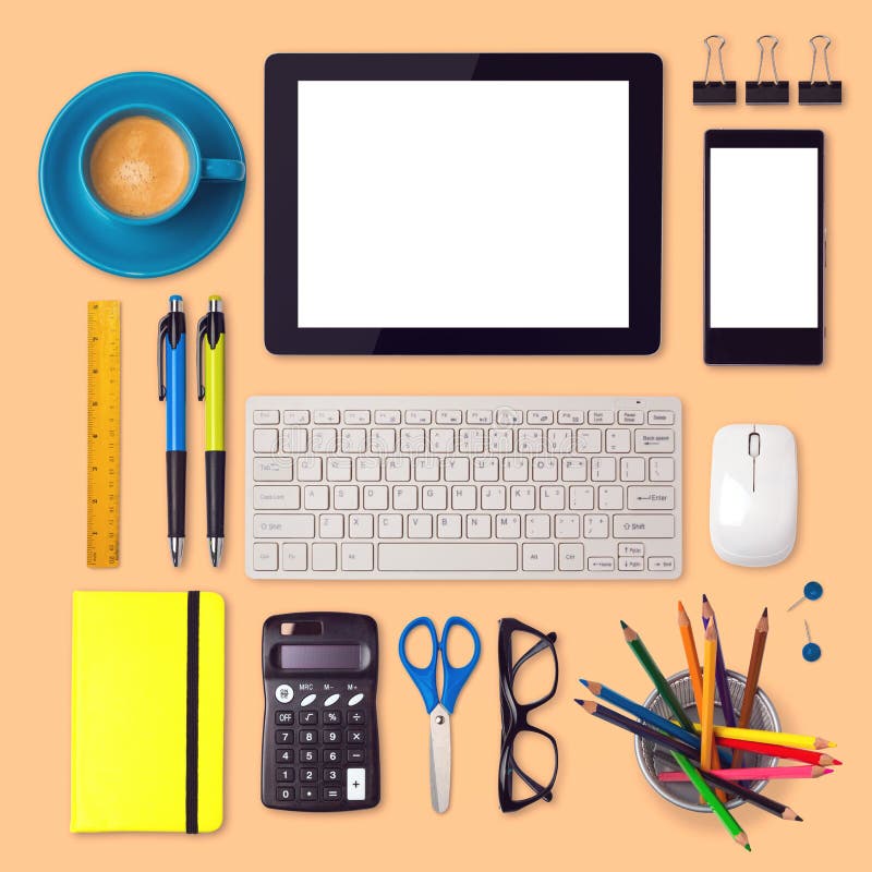 Office Desk Mock Up Template with Tablet, Smartphone and Office Items