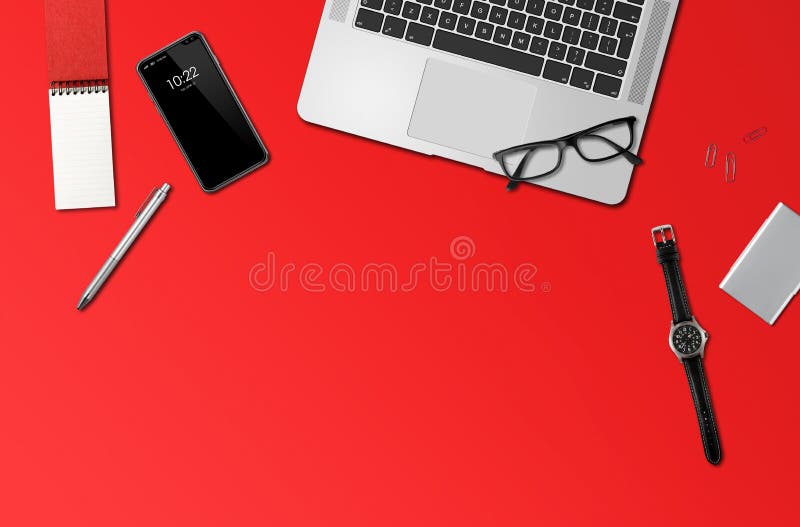 Office Desk Mockup Top View Isolated On Red Stock Photo Image Of