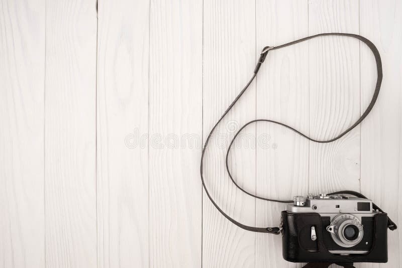 Office Desk Wooden Table With Old Camera Stock Photo Image Of