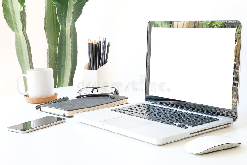 Office Desk Work Space Stuff with Notepad, Laptop and Coffee Cup Mouse