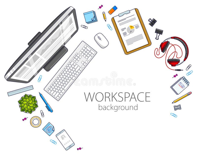 Office desk workspace top view with PC computer and diverse stat stock illustration Office desk workspace top view with PC computer and diverse stat stock illustration