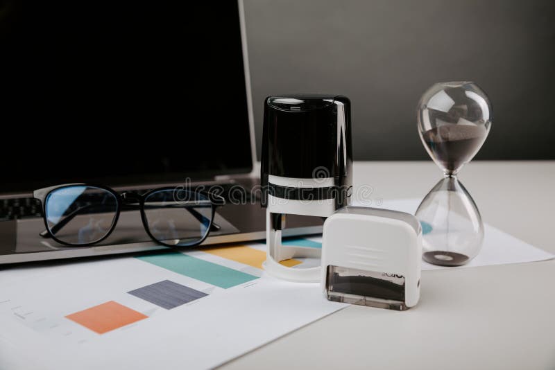 Office Desktop with Documents, Laptop and Stamp Stock Photo Image of office, trade 245376490