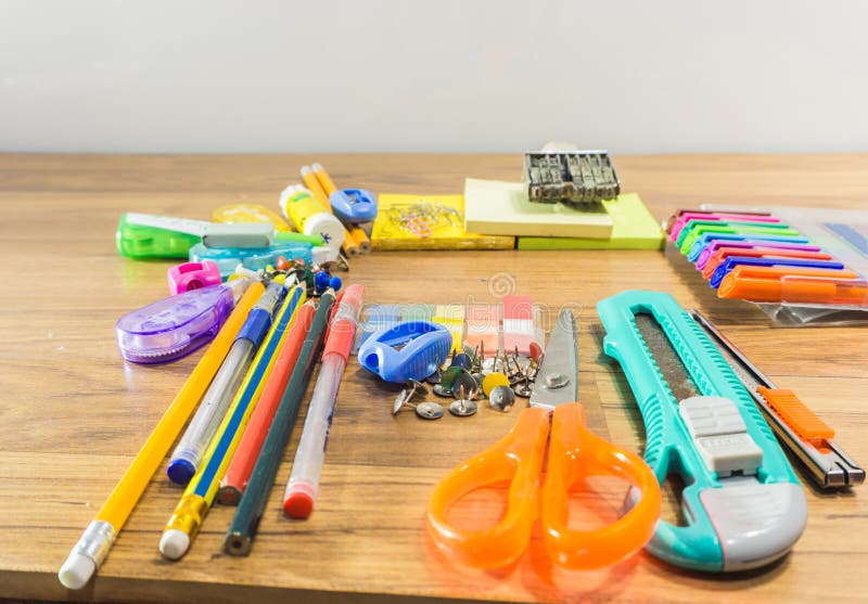 Stationery Supply for Office and School on Wood Table Stock Photo