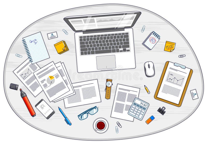 Office employee or entrepreneur work desk workplace with laptop computer and analytics papers with graphs and data and stationery royalty free illustration Office employee or entrepreneur work desk workplace with laptop computer and analytics papers with graphs and data and stationery royalty free illustration
