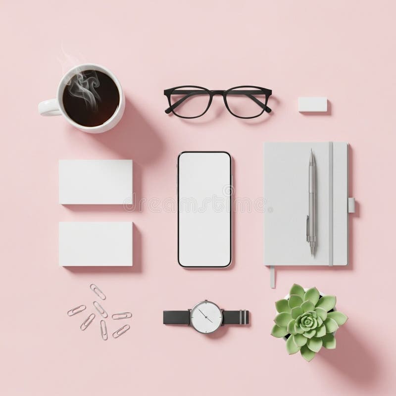 Office essentials arranged on a pastel pink surface include a stea royalty free illustration