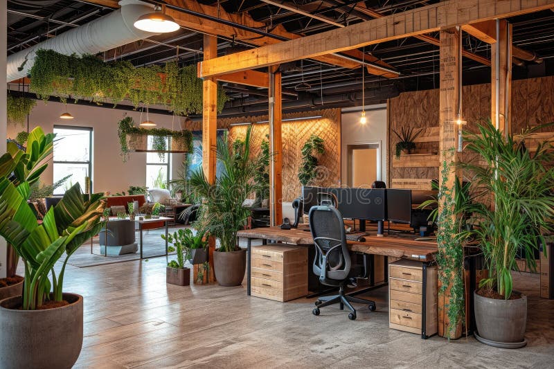 Kancelária plný početný rastliny zeleň, vytváranie osviežujúci vibrujúci atmosféra, kancelária priestor vidiecky kúzlo cítiť, vygenerované.