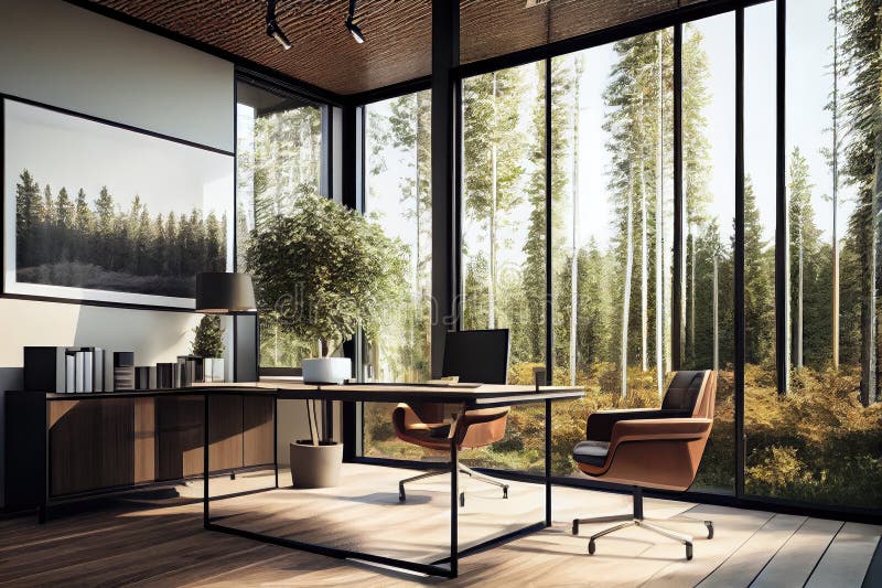 Office with Floortoceiling Windows, Showcasing Natural Surroundings