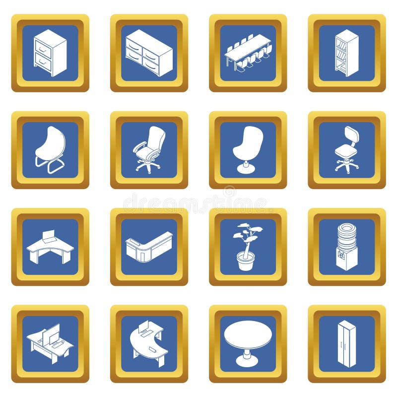 Office furniture icons set blue square vector