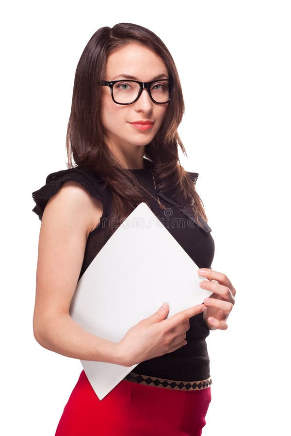 Office Girl Holding Empty Paper Blank Template Stock Image Image of