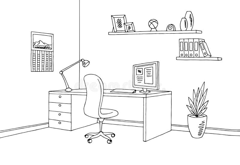 Office Graphic Black White Interior Sketch Illustration Stock Vector -  Illustration of contour, color: 91112257