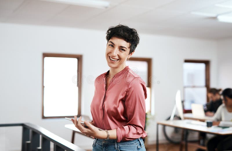 Office, happy and portrait of woman with tablet for web development, review and communication. Company, developer and royalty free stock images