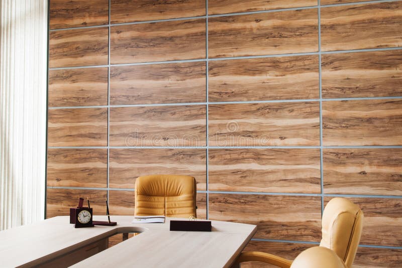 Office interior design with wall of synthetic wood panels royalty free stock image Office interior design with wall of synthetic wood panels royalty free stock image