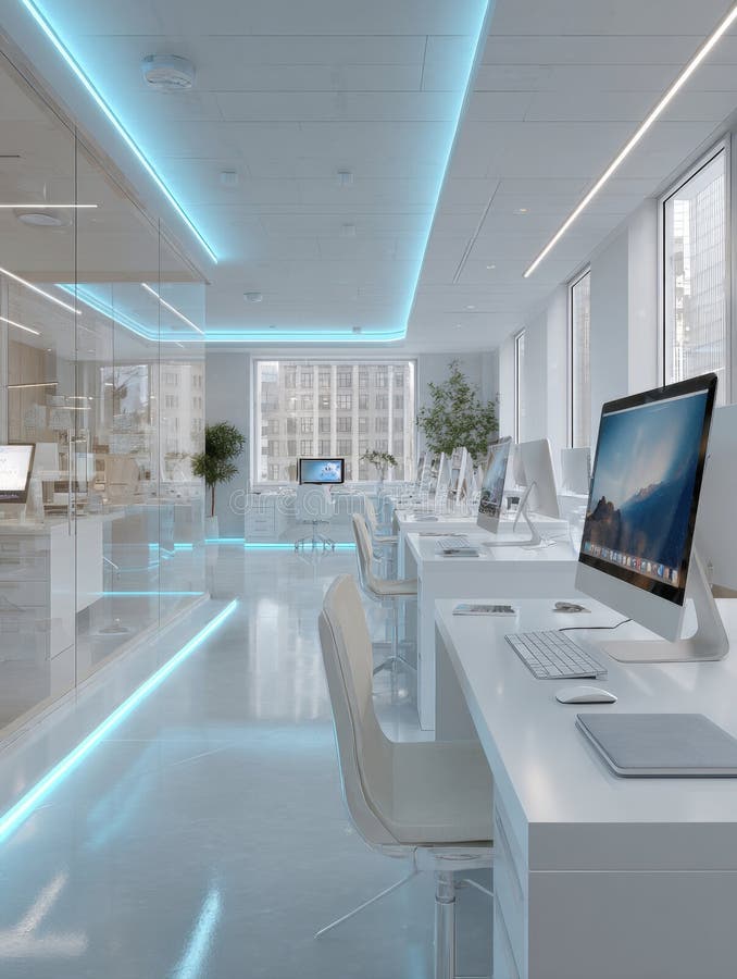 Office interior with a futuristic, high-tech aesthetic. Features include white desks, modern computers, windows with city views stock photography